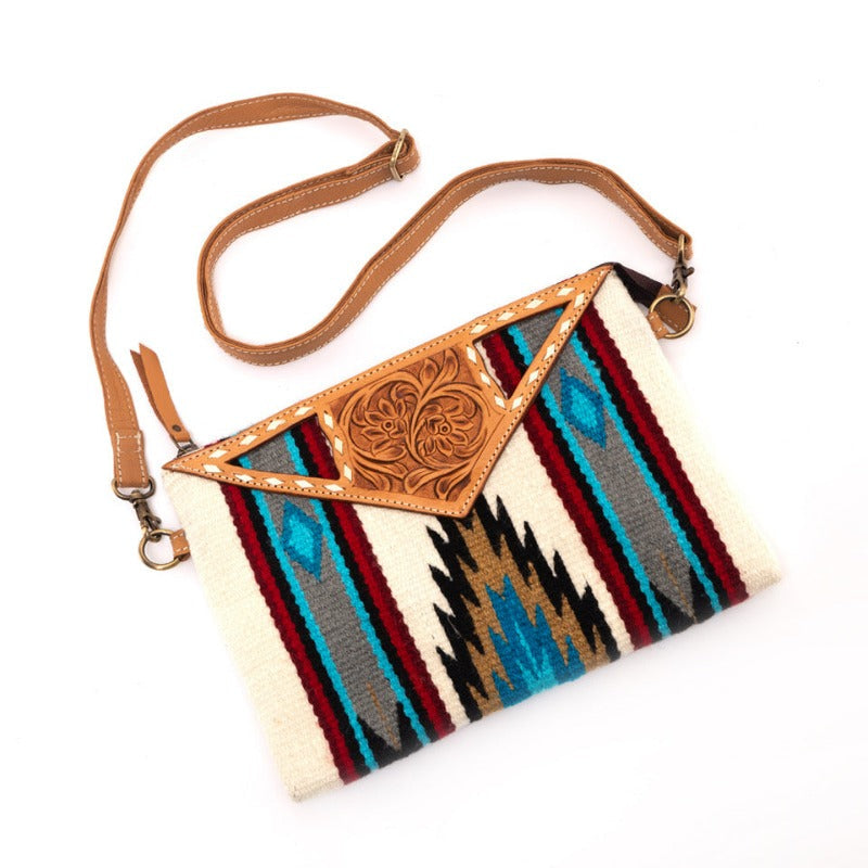The Design Edge Handbags & Wallets Brown White Navajo Clutch with Tooled Leather Large (TSB45A)