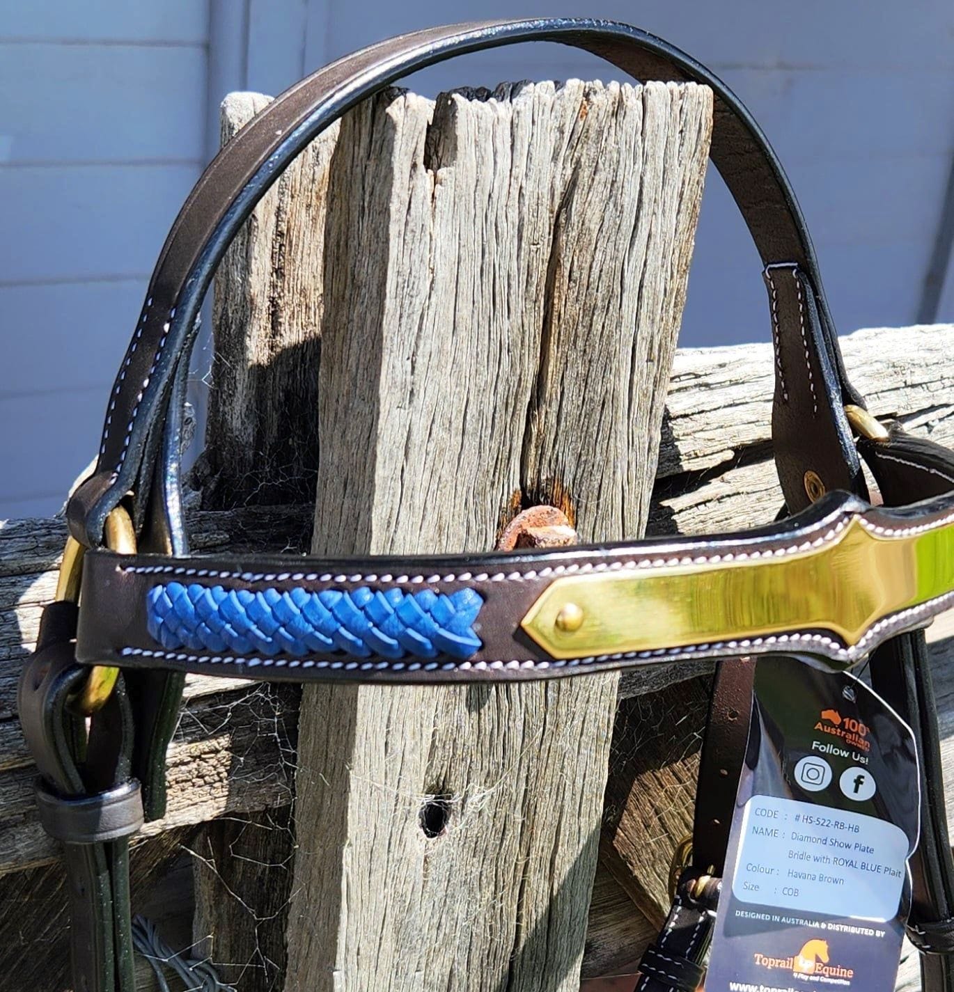 Top Rail Equine Bridles Cob Toprail Bridle Diamond Brass Show Plate Blue Plait (HS-522_RB-HB)