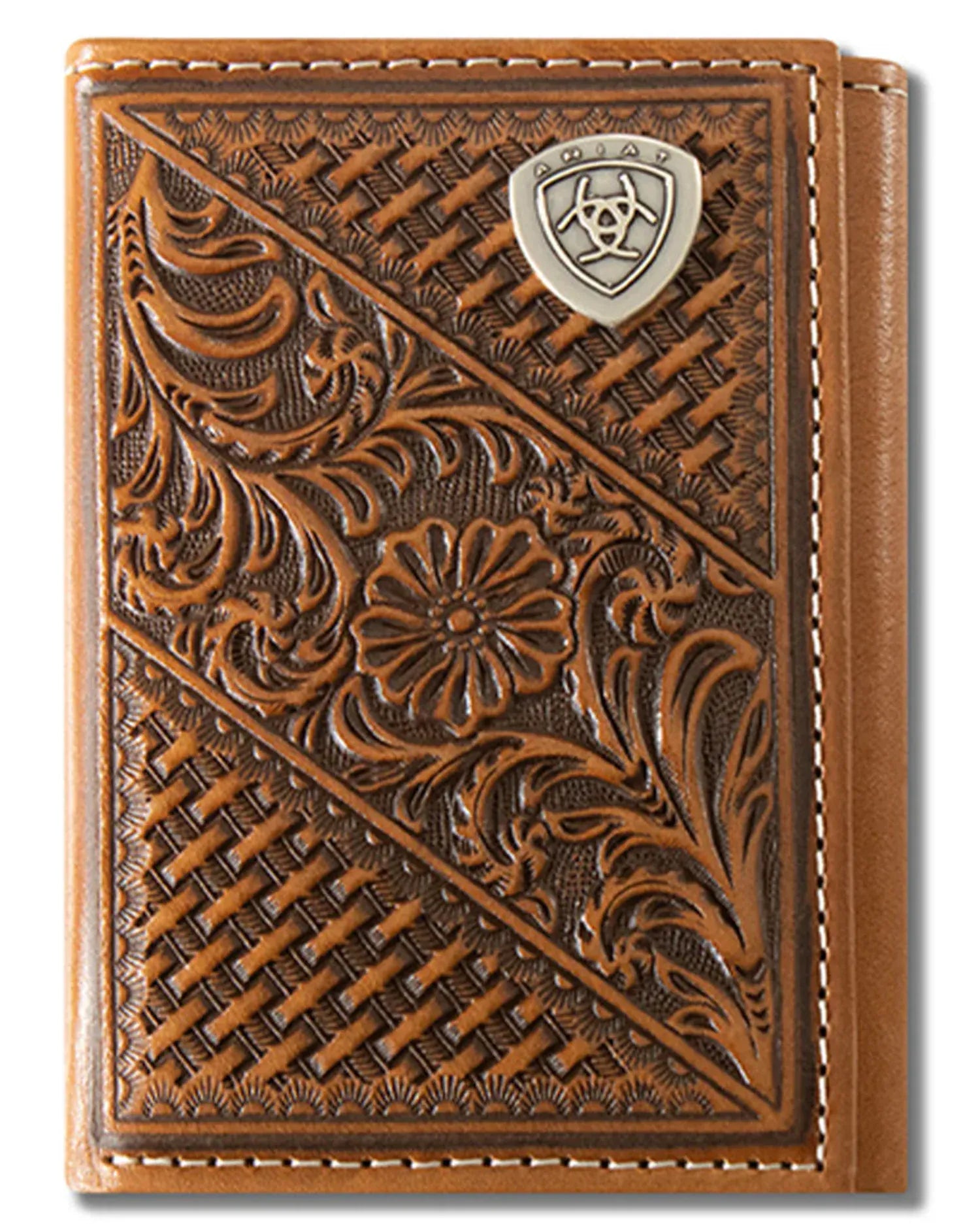 Ariat Handbags - Wallets Tan Ariat Wallet Tri Fold Basket Weave Floral Shield