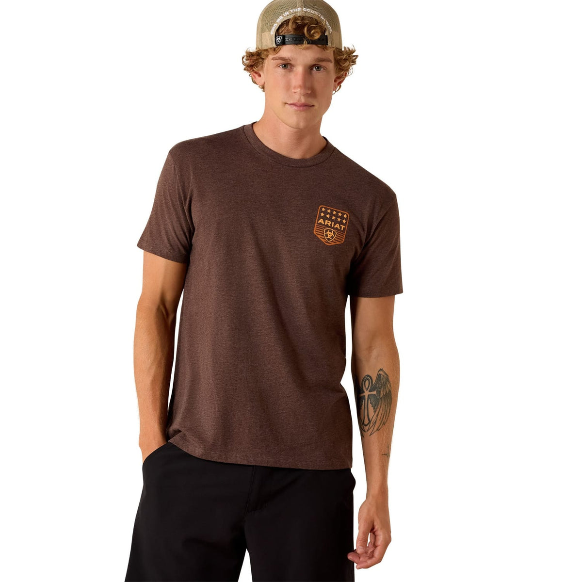 Ariat Mens Shirts S / Brown Heather Ariat Tee Mens Stripe Patriotic Badge