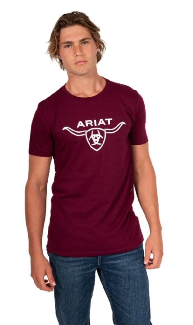 Ariat Mens Shirts S / Maroon Ariat Tee Mens Shield Horns