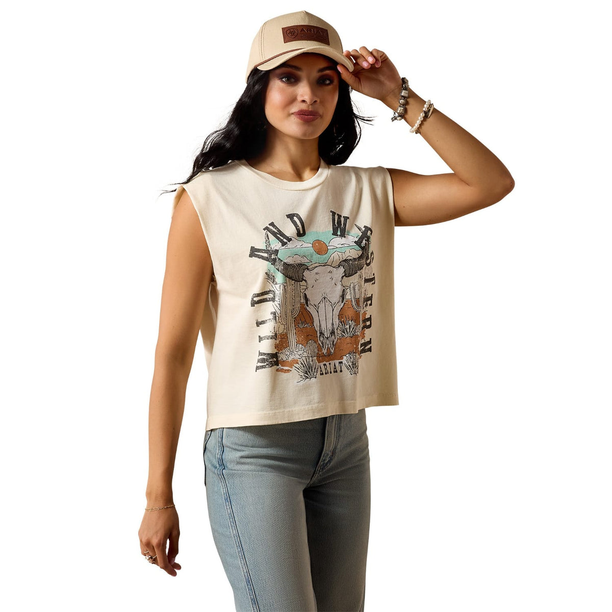 Ariat Womens Shirts XS / Faded Ivory Ariat Top Womens Steer Skull Landscape Tank