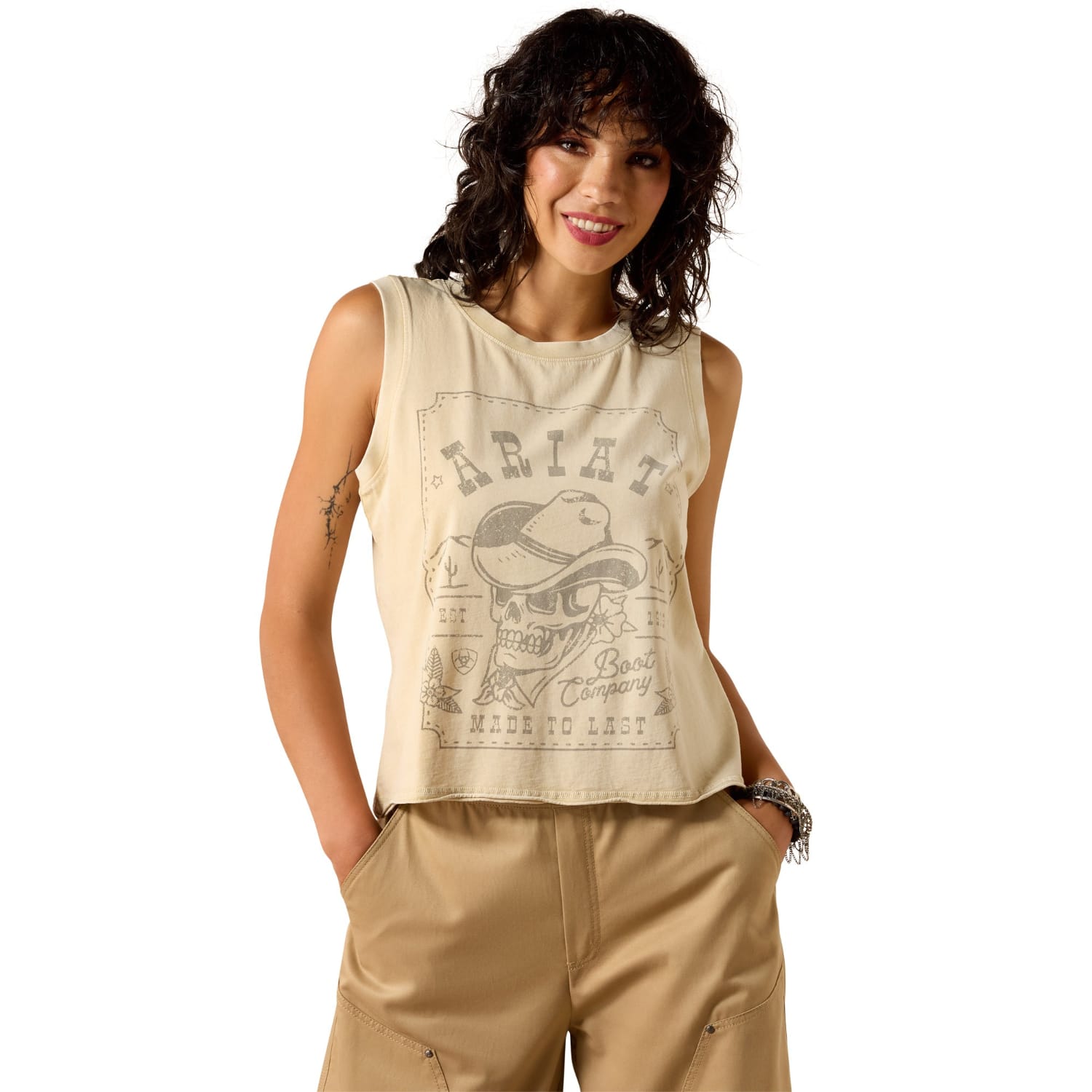 Ariat Womens Shirts XS / Summer Sand Ariat Top Womens Wanted Skull Cowboy