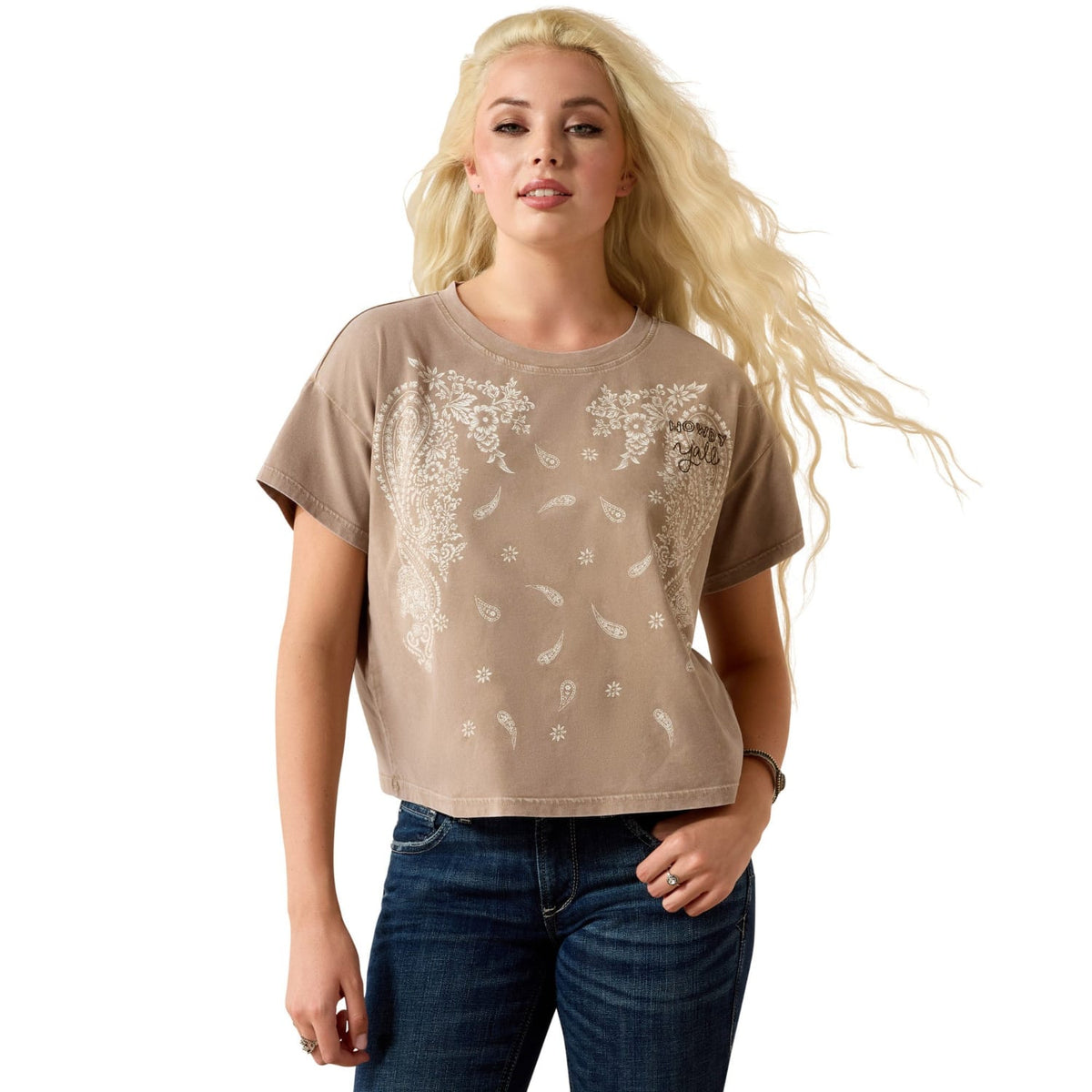 Ariat Womens Shirts XS / Taupe Gray Ariat Tee Womens Paisley Boxy Cropped