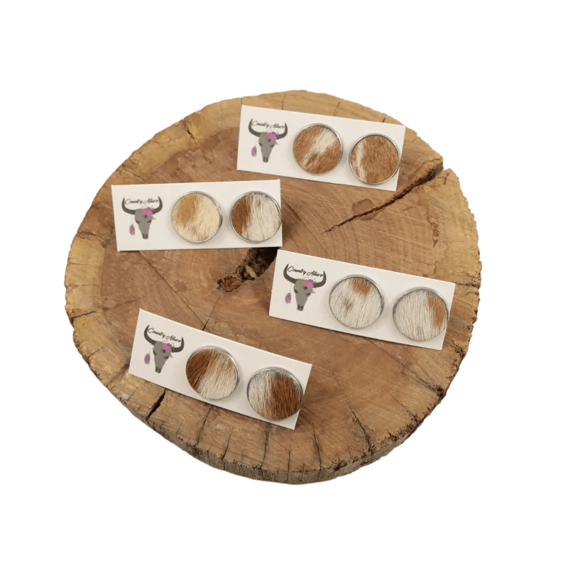 Country Allure Jewellery 20mm / Tan/White Country Allure Patch Studs 20mm (CACOWHIDESTUDPATCH)