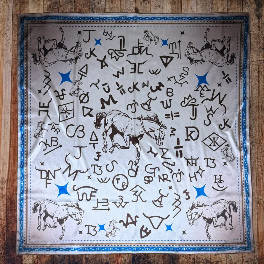 Gympie Saddleworld & Country Clothing Bandanas - Scarves 36x36in / Cream/Blue Wild Rag Western Horse Branding Print