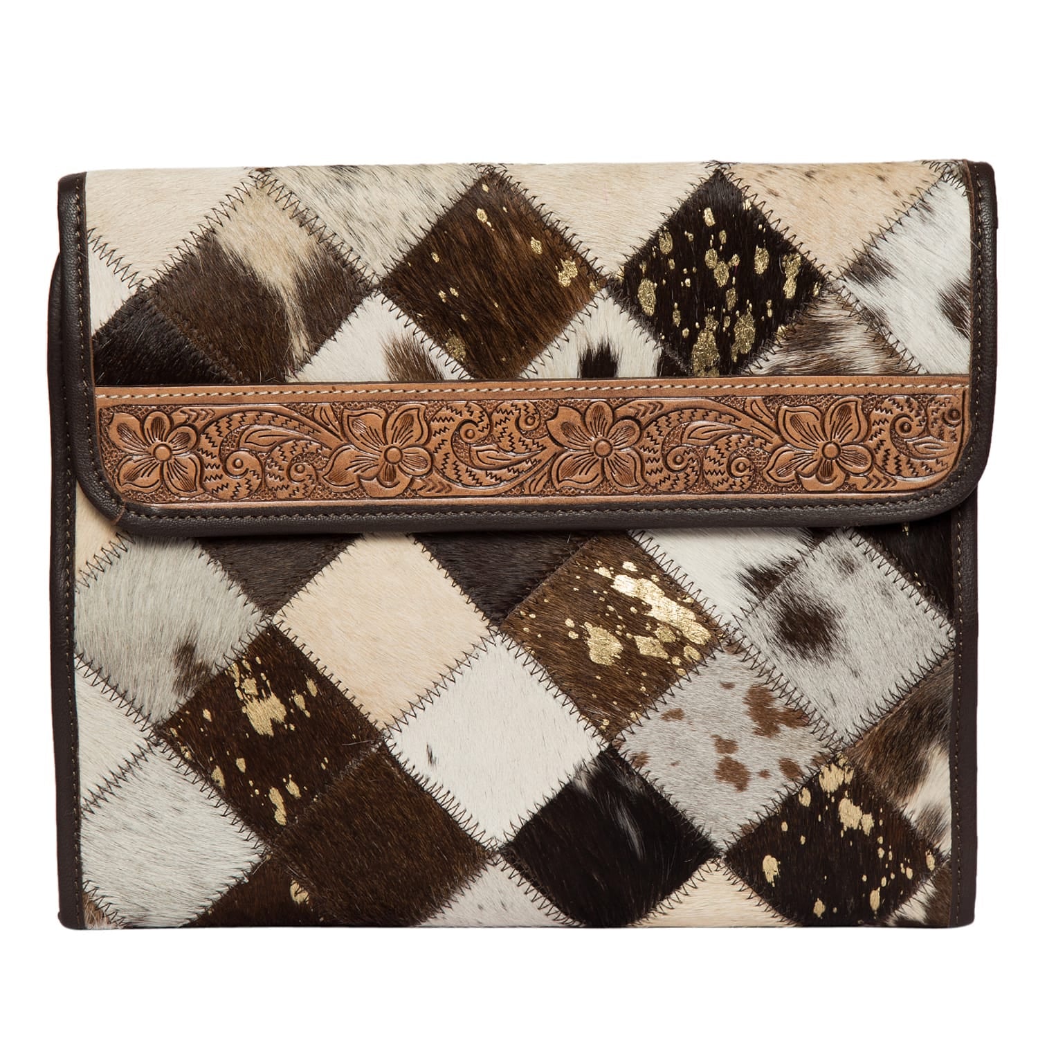 Gympie Saddleworld & Country Clothing Gifts - Homewares Brown/White Patchwork Cowhide & Leather Makeup Bag