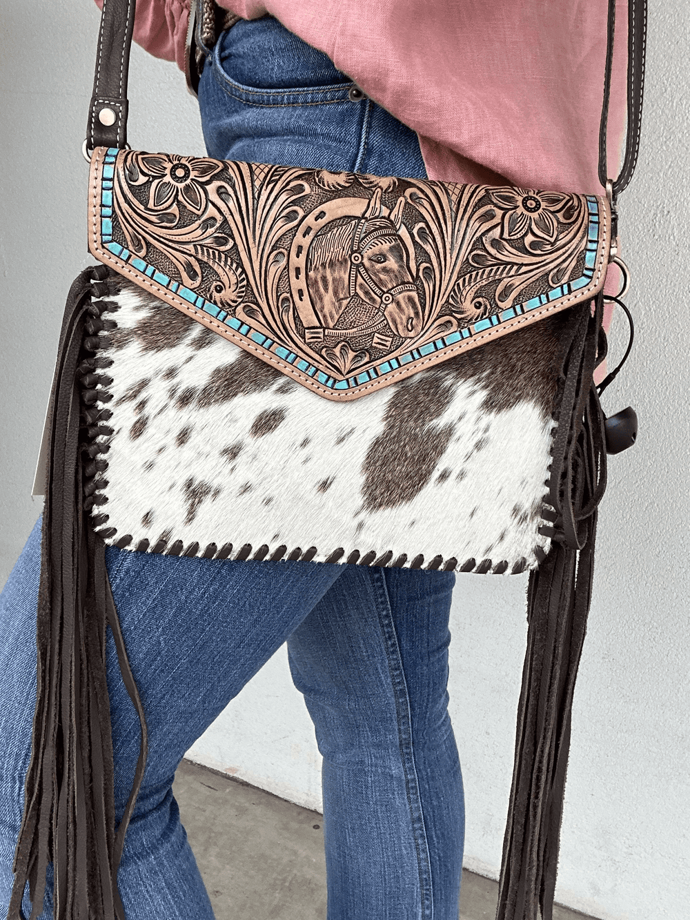 Gympie Saddleworld & Country Clothing Handbags & Wallets Brown Cowhide Clutch with Tooling and Fringe