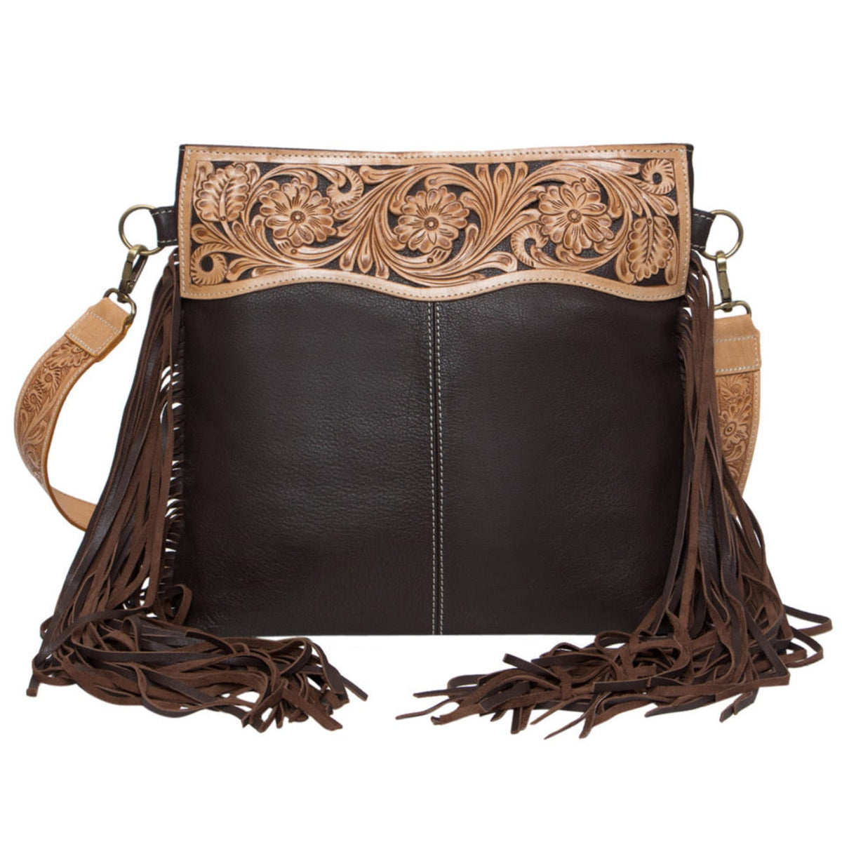 Gympie Saddleworld & Country Clothing Handbags - Wallets Brown Leather Tooled Medium Handbag with Fringes