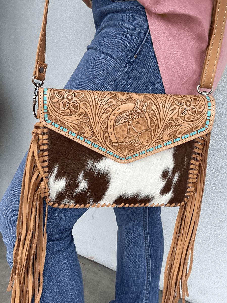 Gympie Saddleworld & Country Clothing Handbags & Wallets Tan Cowhide Clutch with Tooling and Fringe