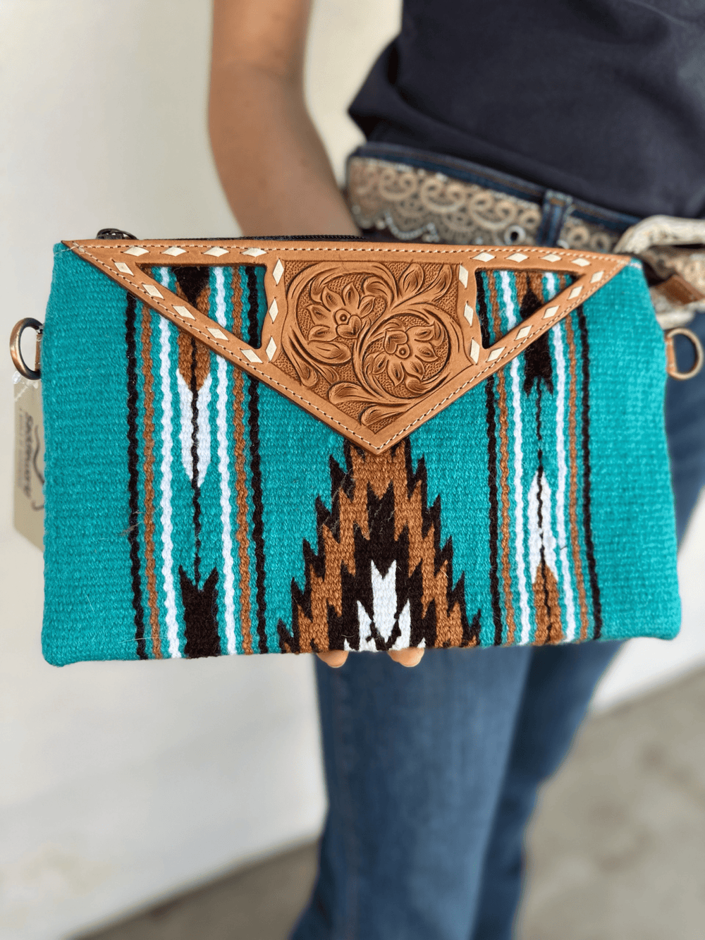 Gympie Saddleworld & Country Clothing Handbags & Wallets Tan Turquoise Navajo Clutch with Tooled Leather Large