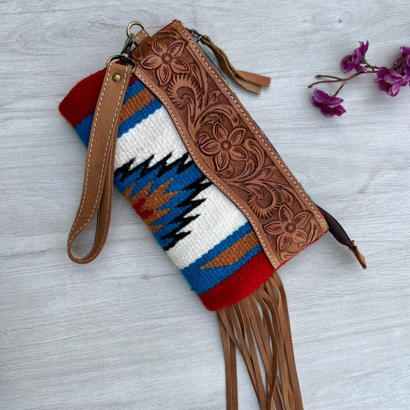 Gympie Saddleworld & Country Clothing Handbags & Wallets Tan White Navajo Blanket Clutch with Tooled Leather