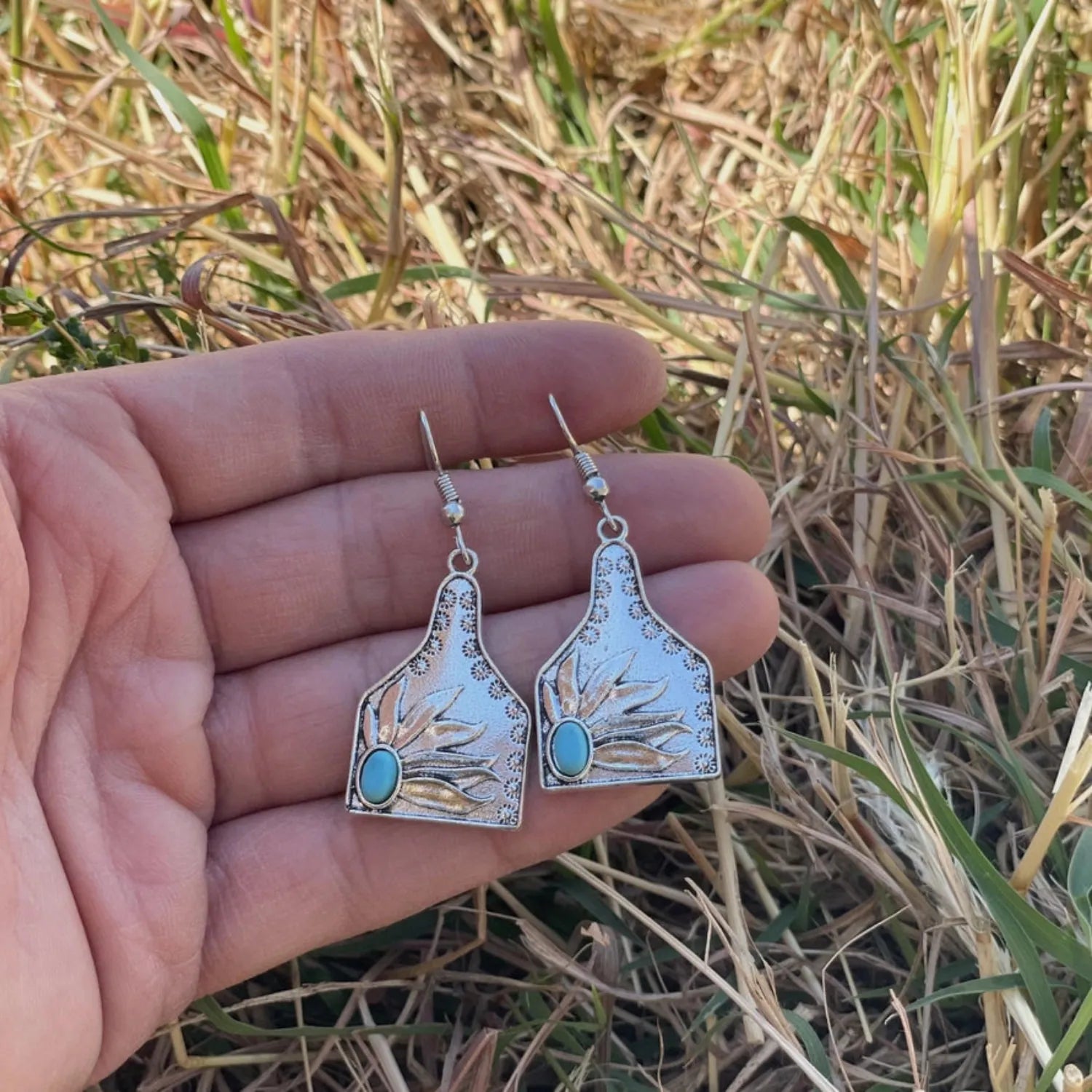 Gympie Saddleworld & Country Clothing Jewellery Cow Tag Earrings with Turquoise