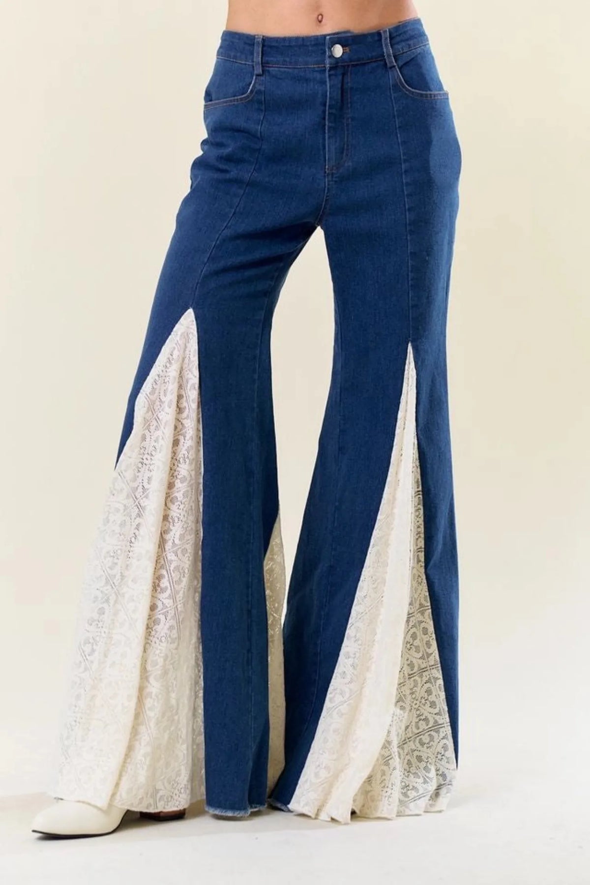 Gympie Saddleworld & Country Clothing Womens Jeans Denim Bell Bottom Jeans with Lace Insert