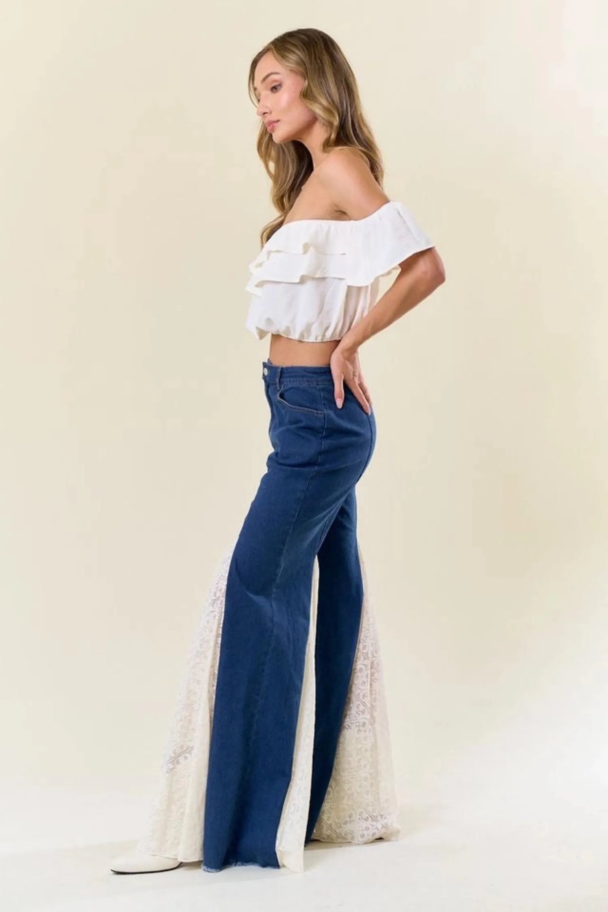 Gympie Saddleworld & Country Clothing Womens Jeans Denim Bell Bottom Jeans with Lace Insert