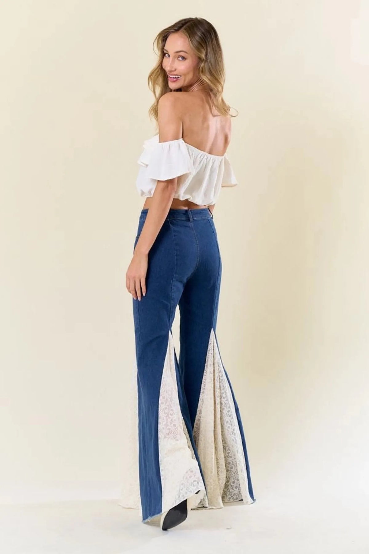 Gympie Saddleworld & Country Clothing Womens Jeans Denim Bell Bottom Jeans with Lace Insert