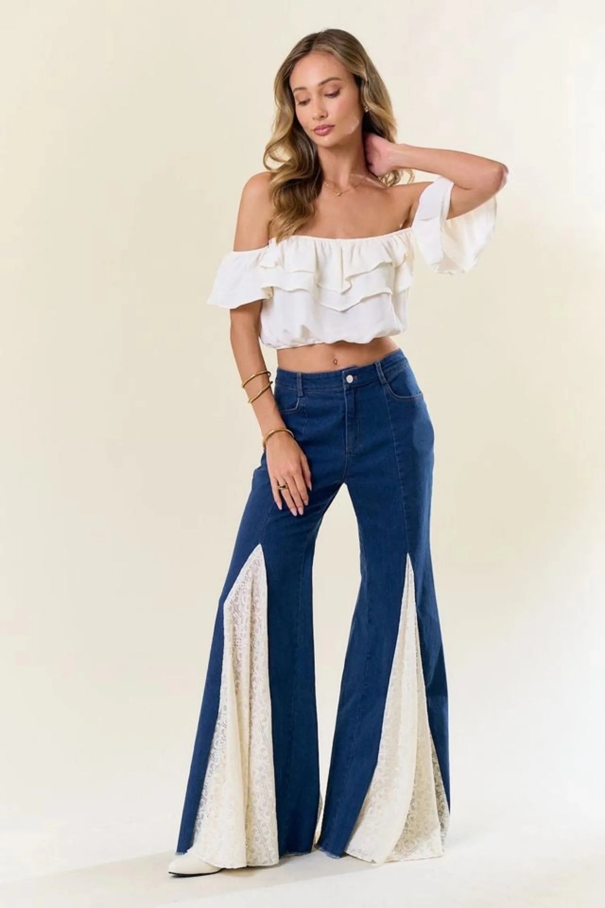 Gympie Saddleworld & Country Clothing Womens Jeans S / Denim Denim Bell Bottom Jeans with Lace Insert
