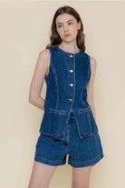 Gympie Saddleworld & Country Clothing Womens Shirts S / Dark Denim Vest Top Womens Denim Retro Contrast