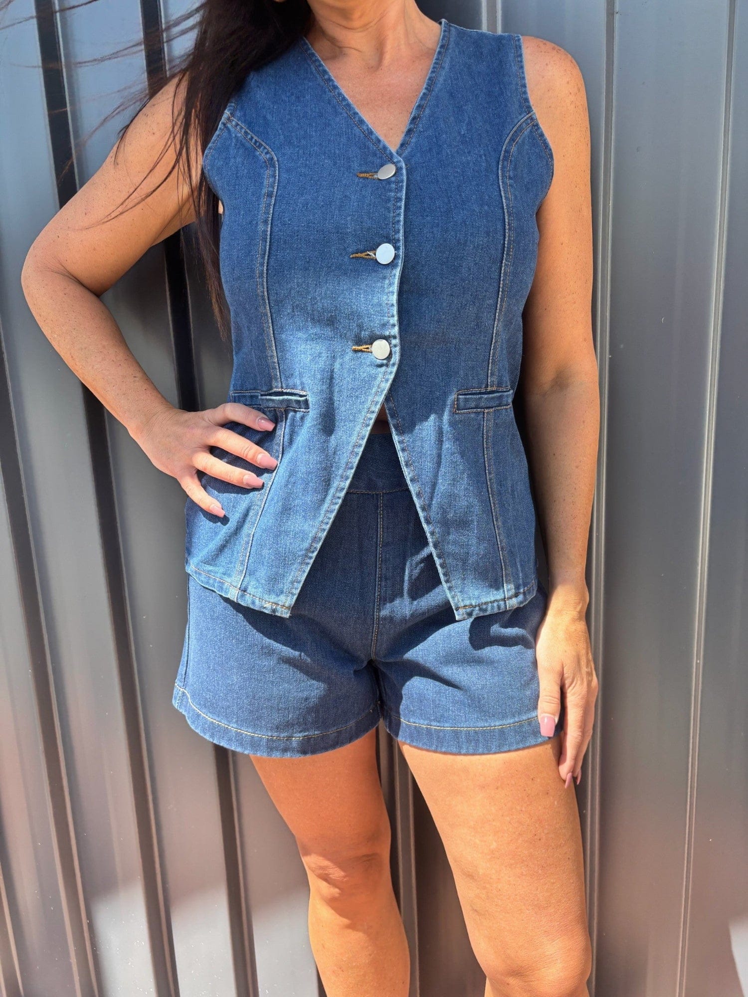 Gympie Saddleworld & Country Clothing Womens Shirts S / Dark Stonewash Vest Top Womens Longline Button Up Denim