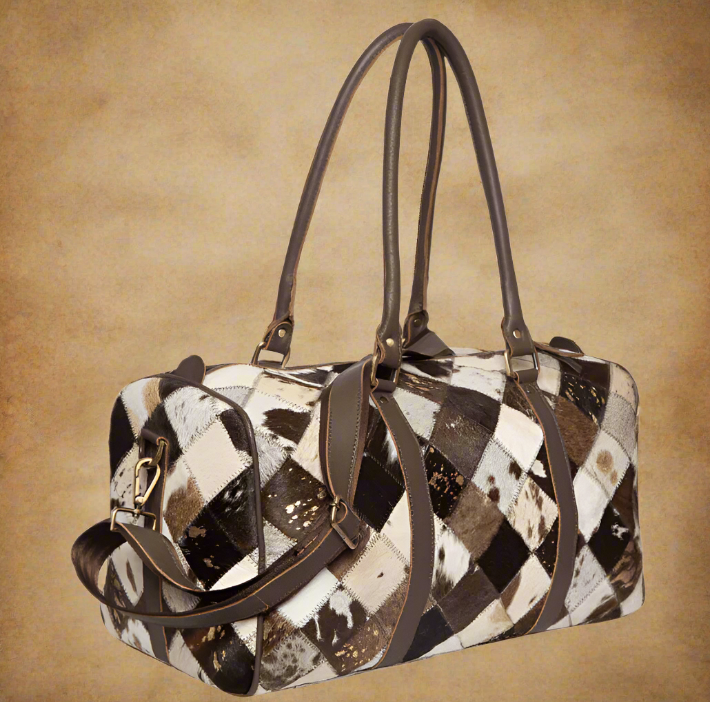 Gympie Saddleworld Gear Bags & Luggage Dark Brown/White Patchwork Cowhide Travel Bag