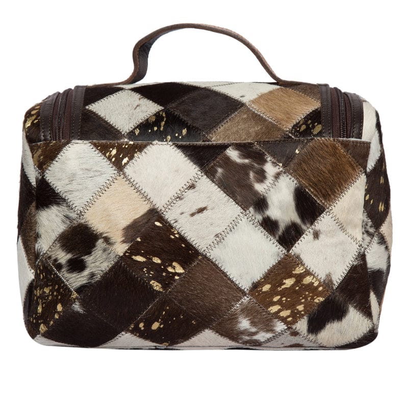 Gympie Saddleworld Gifts - Homewares Brown/White Patchwork Cowhide & Leather Toiletries Bag