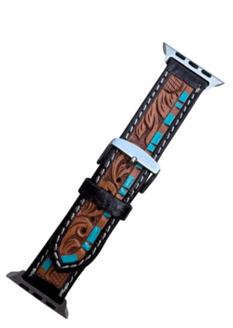 Gympie Saddleworld Gifts - Homewares L 42/44/45mm / Dark Brown Leather Tooled Apple Watch Band with Turquoise