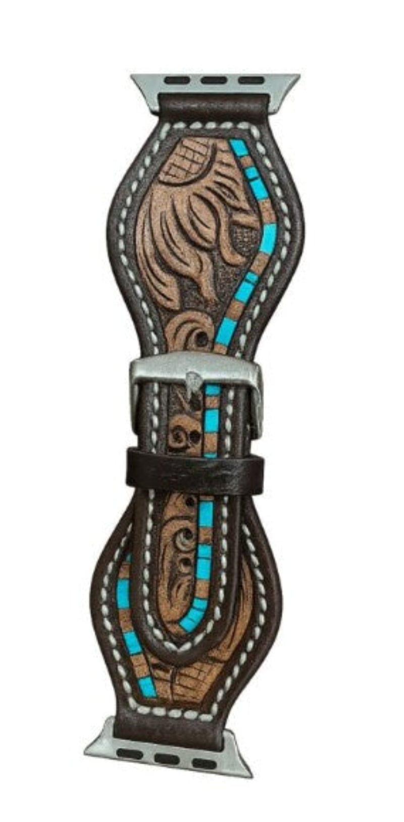 Gympie Saddleworld Gifts - Homewares L 42/44/45mm / Dark Brown Leather Tooled Rounded Apple Watch Band with Turquoise