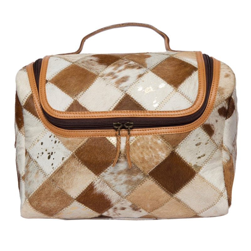 Gympie Saddleworld Gifts - Homewares Tan/White Patchwork Cowhide & Leather Toiletries Bag