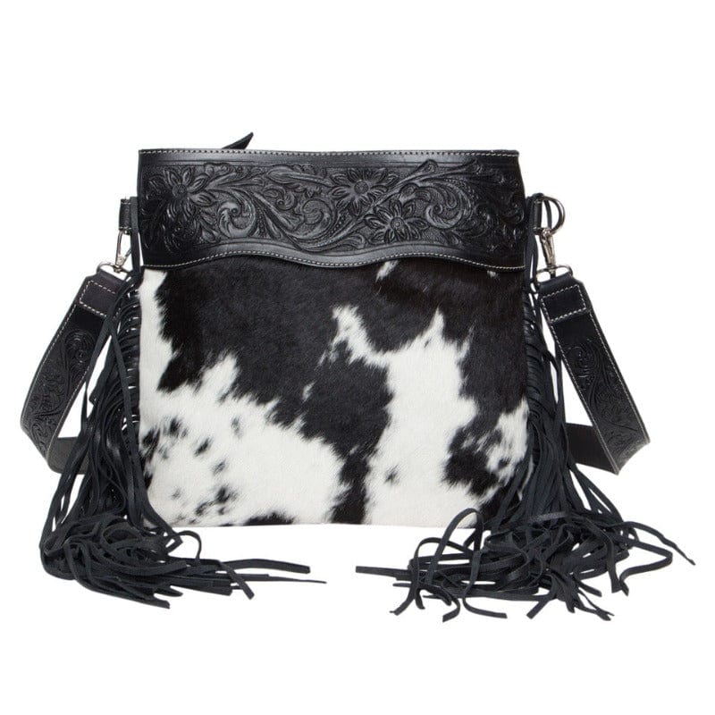 Gympie Saddleworld Handbags & Wallets Black and White Medium Hairon Handbag with Tooled Leather and Fringe