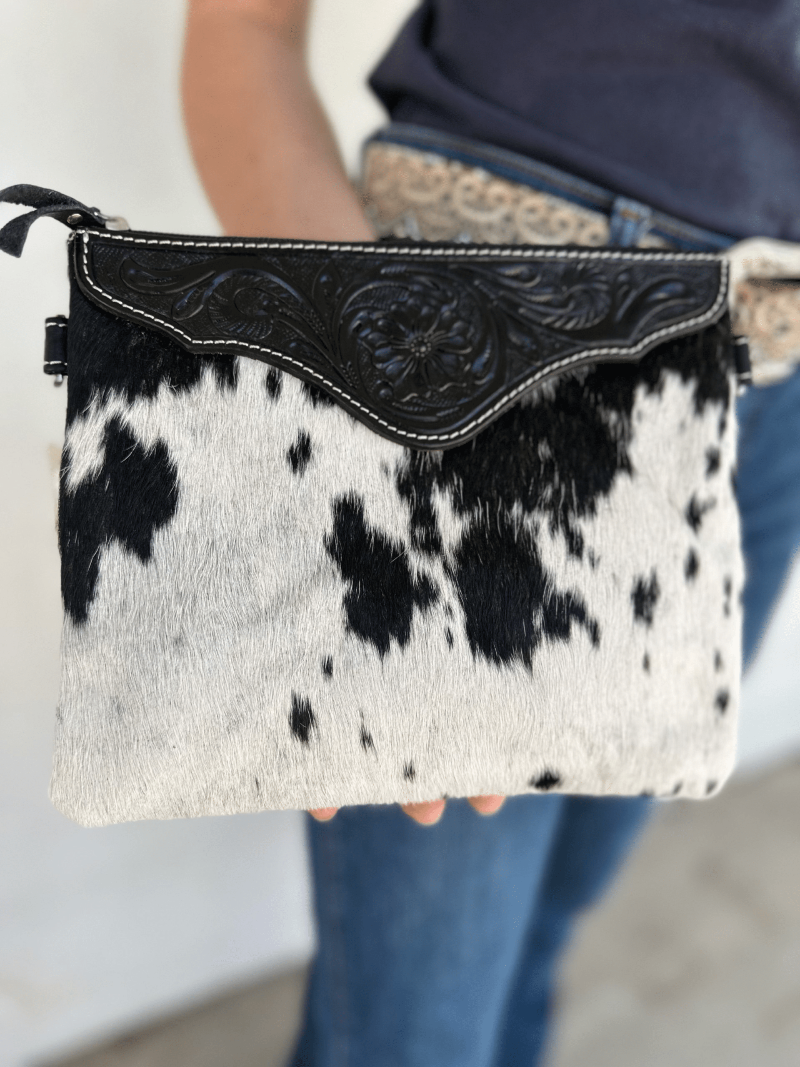 Gympie Saddleworld Handbags & Wallets Black/White Costa Rica Tooling Leather Clutch Bag (AB07)