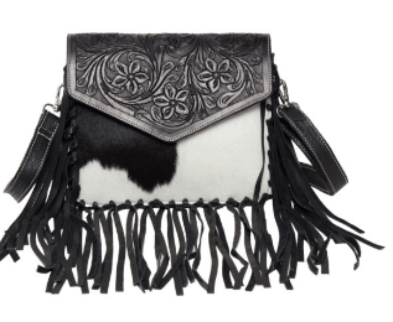 Gympie Saddleworld Handbags & Wallets Black/White Cowhide Handbag with Fringe