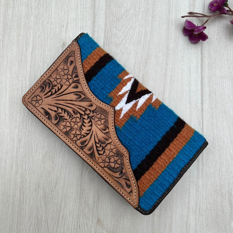 Gympie Saddleworld Handbags & Wallets Blue Navajo Slim Wallet with Tooled Leather
