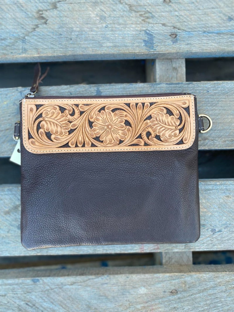 Gympie Saddleworld Handbags & Wallets Brown Leather Tooled Clutch (TLB15)