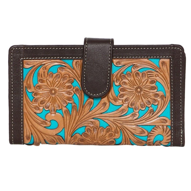 Gympie Saddleworld Handbags & Wallets Brown Leather Tooled Clutch with Turquoise (TLW25TURQ)