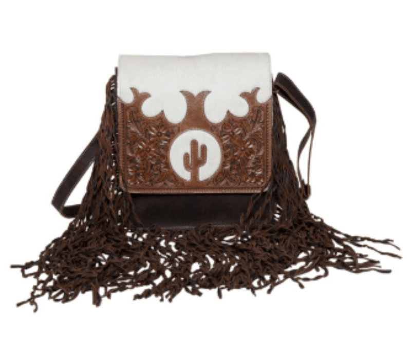 Gympie Saddleworld Handbags & Wallets Brown/White Cowhide Handbag with Fringe