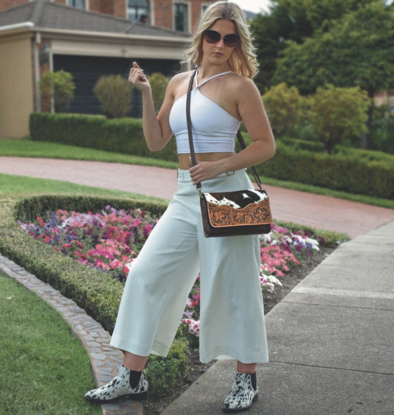 Gympie Saddleworld Handbags - Wallets Brown/White Cowhide Handbag with Tooled Leather