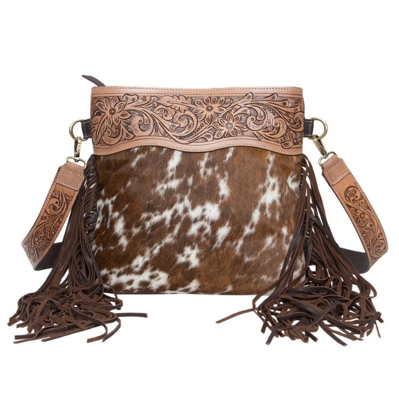 Gympie Saddleworld Handbags & Wallets Brown/White Medium Hairon Handbag with Tooled Leather and Fringe