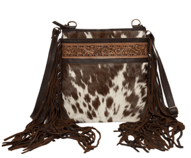Gympie Saddleworld Handbags & Wallets Dark Brown Cowhide Handbag with Tooled Leather and Fringe