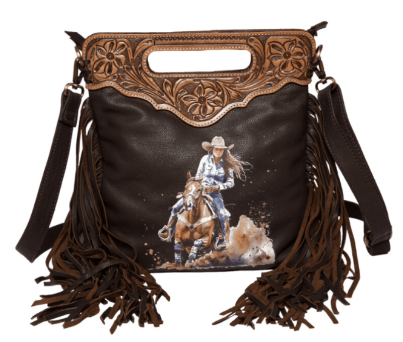 Gympie Saddleworld Handbags & Wallets Dark Brown Leather Tooled Handbag with Barrel Racer