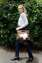 Gympie Saddleworld Handbags - Wallets Dark Brown/White Cowhide Handbag with Fringe and Tooled Leather