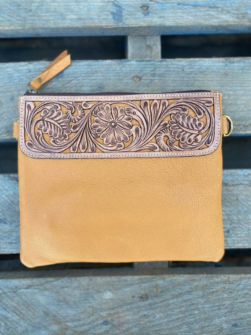Gympie Saddleworld Handbags & Wallets Tan Leather Tooled Clutch (TLB15)