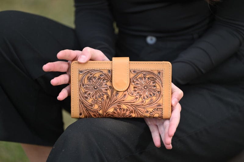 Gympie Saddleworld Handbags & Wallets Tan Leather Tooled Clutch (TLW25)