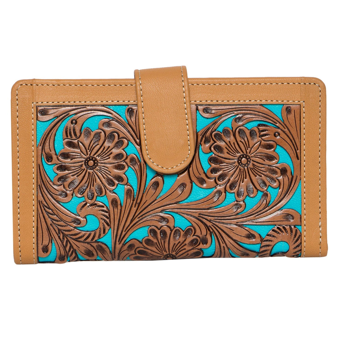 Gympie Saddleworld Handbags & Wallets Tan Leather Tooled Clutch with Turquoise (TLW25TURQ)
