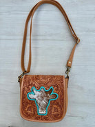 Gympie Saddleworld Handbags & Wallets Tan Leather Tooled Sling Handbag with Bullhead