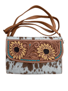 Gympie Saddleworld Handbags - Wallets Tan/White Cowhide Clutch with Tooled Sunflowers