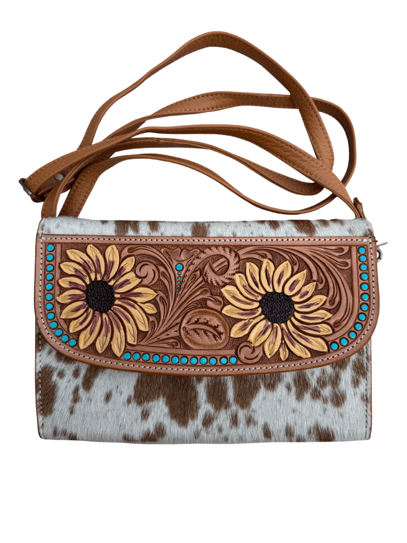 Gympie Saddleworld Handbags - Wallets Tan/White Cowhide Clutch with Tooled Sunflowers