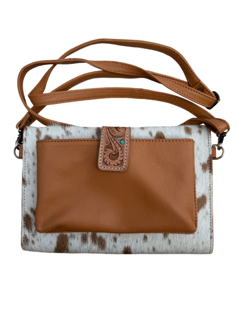 Gympie Saddleworld Handbags - Wallets Tan/White Cowhide Clutch with Tooled Sunflowers