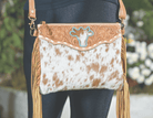 Gympie Saddleworld Handbags & Wallets Tan/White Cowhide Handbag with Bullhead & Fringe