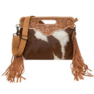 Gympie Saddleworld Handbags - Wallets Tan/White Cowhide Handbag with Fringe and Tooled Leather