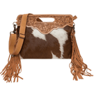 Gympie Saddleworld Handbags & Wallets Tan/White Cowhide Handbag with Fringe and Tooled Leather